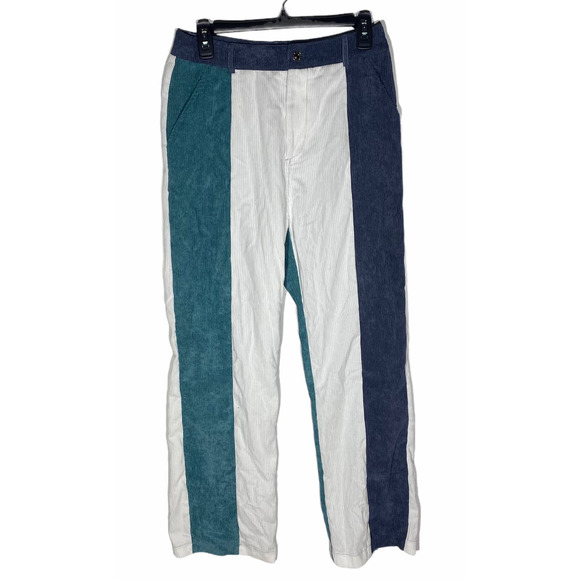 Cider Colorblock Corduroy White Blue Straight-Leg Pants - Picture 1 of 4